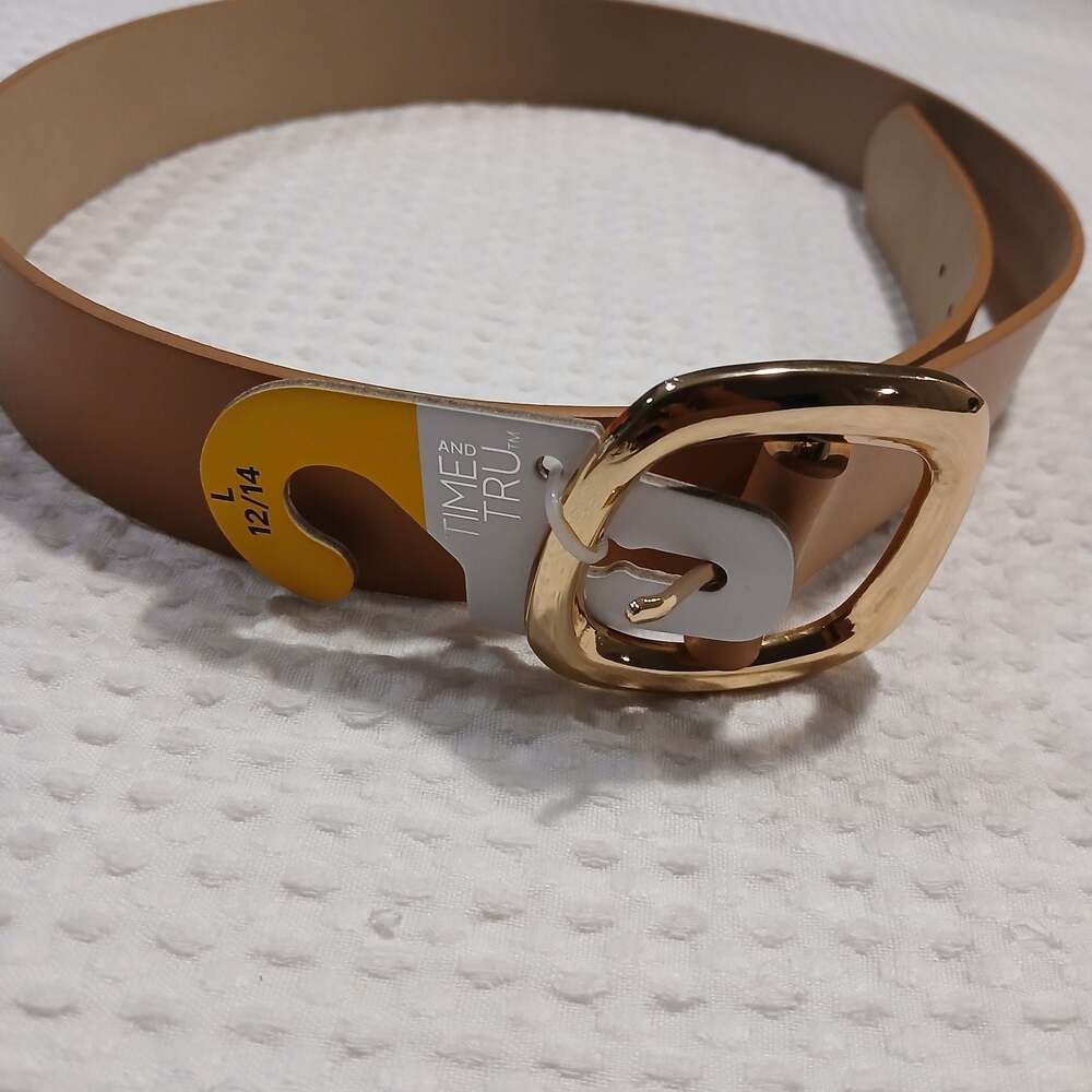 Time and Tru Tan Brown Women's Belt with Gold Tone Buckle Size L 12/14 New